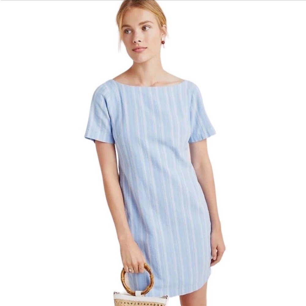 Anthropologie Blue White Stripe Bow Back Linen Blend Dress Size 4
